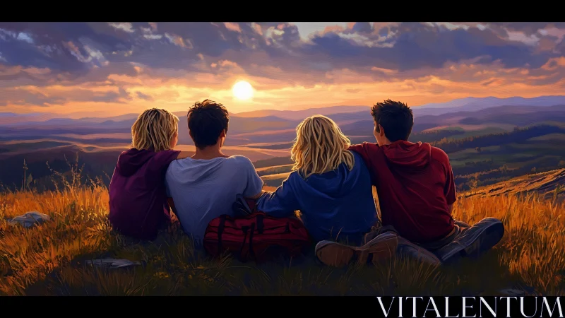 Backlit hikers watch sunset over layered mountain ranges