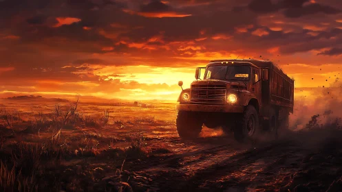 Dusty truck chasing the last light of a burning sunset.