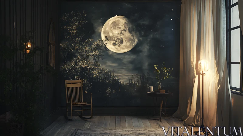 Interior moonlit vista with hyperreal window-wall illusion.