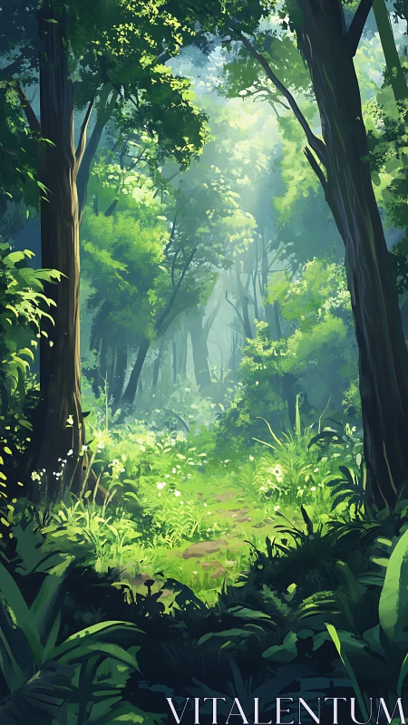 Luminous Forest Pathway Through Ancient Canopy