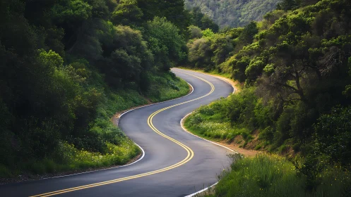 Curving two lane asphalt road winds through dense green forest