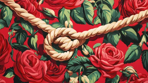 Twisted rope knot entwined with lush painted red roses.