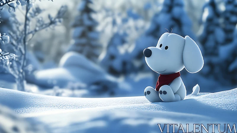 Cartoon puppy in snowy forest rendered as soft 3D scene