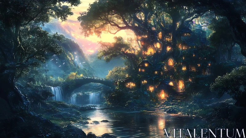 Enchanted riverside tree village in luminous fantasy digital painting.