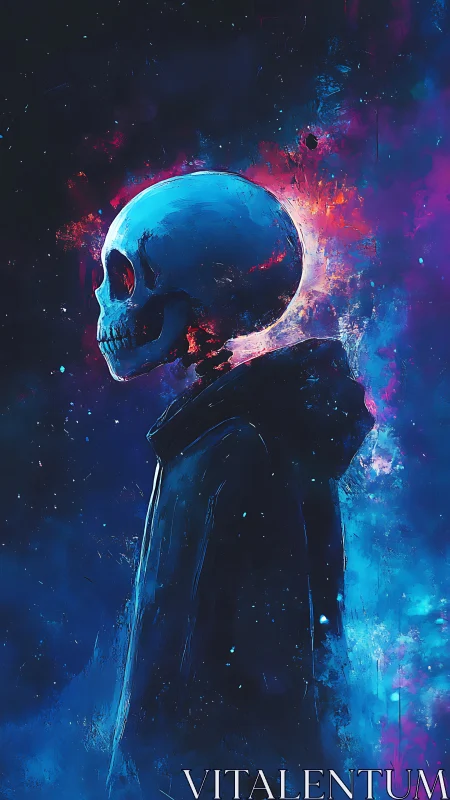 Hooded skeleton profile against vivid cosmic nebula backdrop.