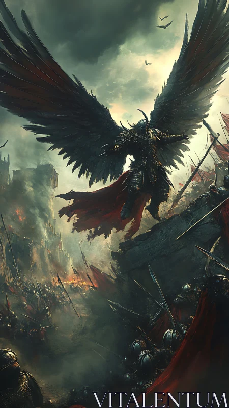 Armored dark angel commands battlefield from elevated rocky outcrop