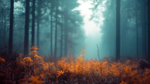 Misty Forest Landscape with Golden Undergrowth and Atmospheric Light.