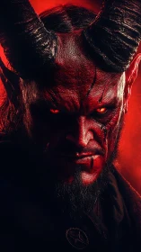 Demonic horned portrait under crimson infernal light.