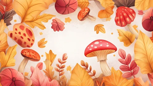 Autumn foliage and red mushrooms on pale background frame.