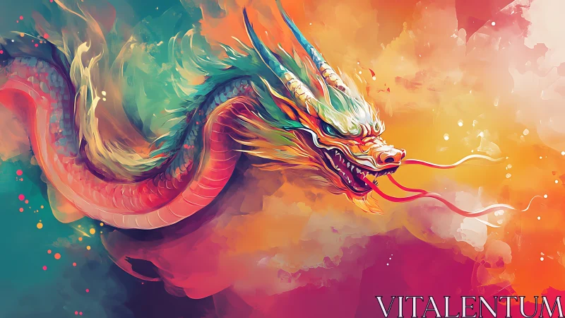 Vibrant elemental dragon surges through swirling neon clouds.