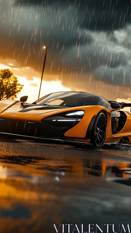 Stormlit supercar prowls through molten city rainfall.