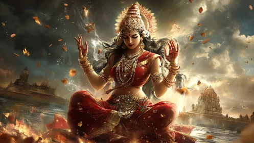 Radiant goddess in red meditating amid swirling golden light.