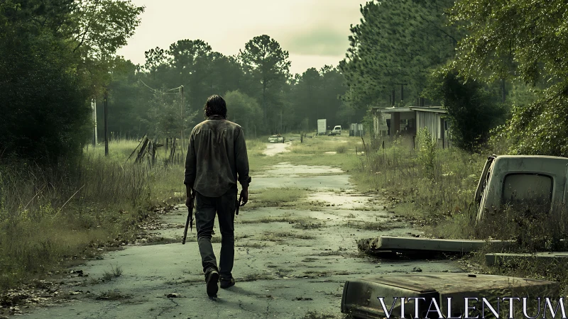 Lone survivor traverses overgrown, derelict rural roadway.