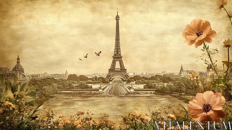 Vintage Eiffel Tower cityscape with foreground flowers.