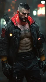 Cybernetic street enforcer in tactical jacket under neon backlight