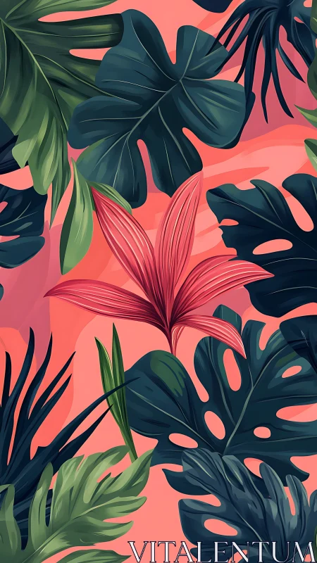 Bold tropical foliage ripples across a coral backdrop.