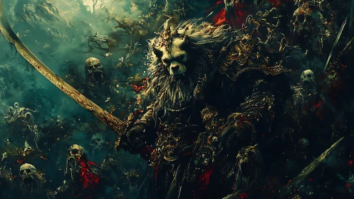 Armored beast warrior leading undead horde in battle.