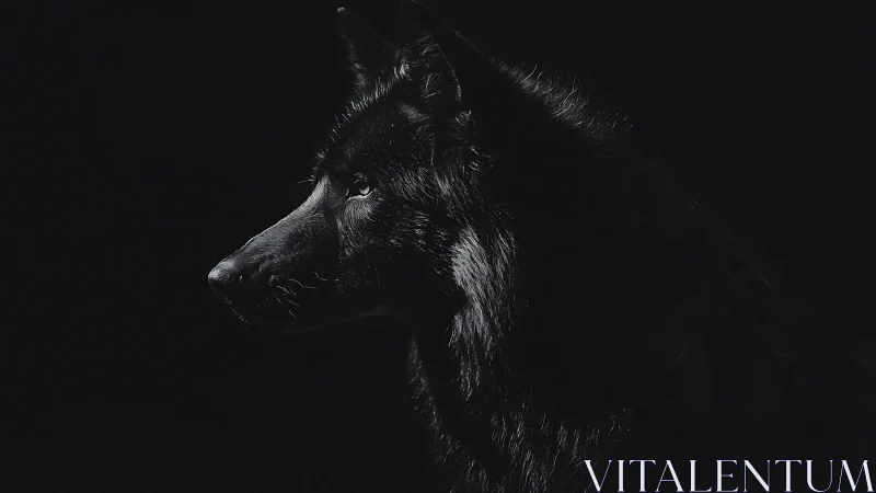 Shadowed black wolf profile emerges from deep darkness.