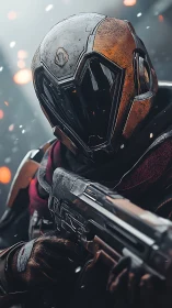 Sci fi guardian ready for battle in a glowing snowfall.