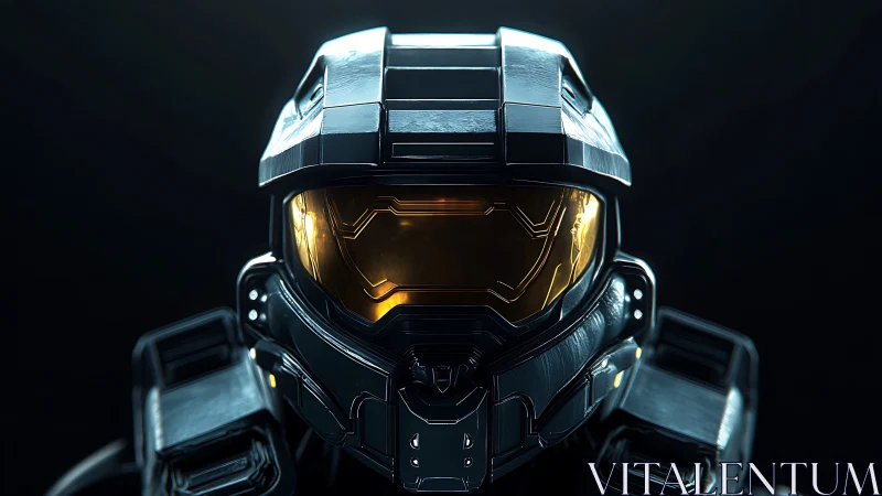 Armored space warrior gazes ahead through glowing visor