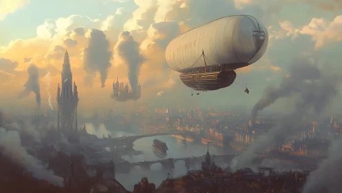 Dreamy steampunk airship drifting above a misty river city.