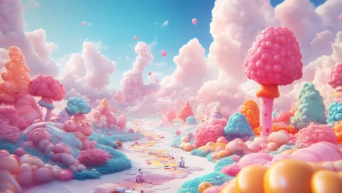 Volumetric candy-cloud landscape with stylized bubble flora.