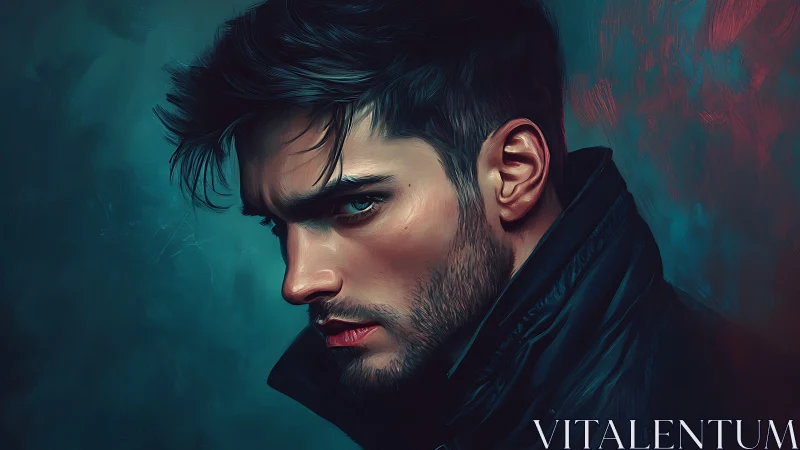 Brooding midnight gaze wrapped in stormy teal shadows.