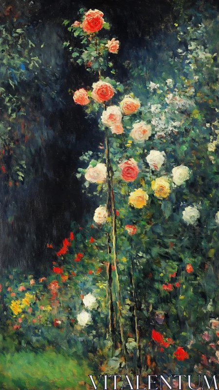 Garden Roses Against Dark Foliage Background. Oil on Canvas.