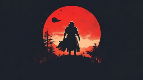 Silhouetted wanderer before blazing red sci fi moon.