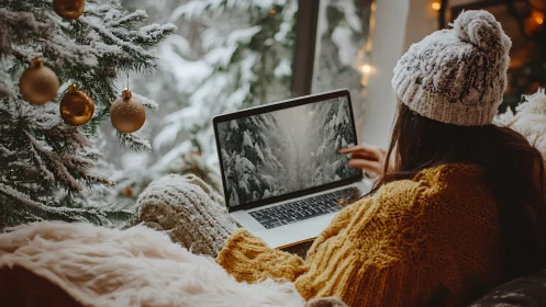 Cozy winter afternoon by the tree with laptop and soft lights.