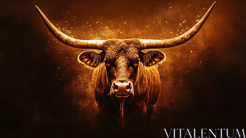 Ember-haloed longhorn guardian blazing through shadowed dusk.