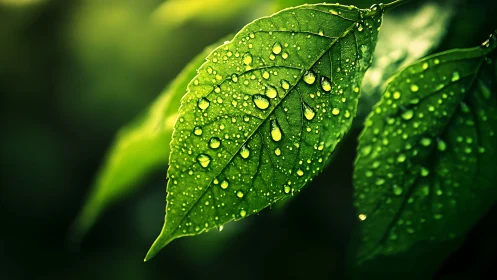 Close-up of green leaves with water droplets on surface.