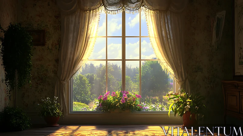 Morning light pours through a cozy flower filled country window