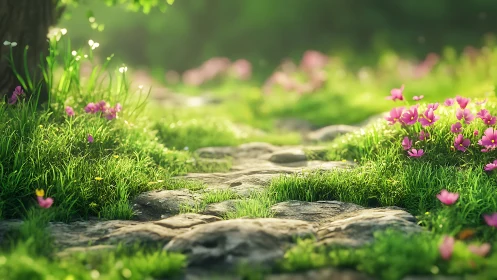Stone garden path bordered by pink wildflowers in sunlight.