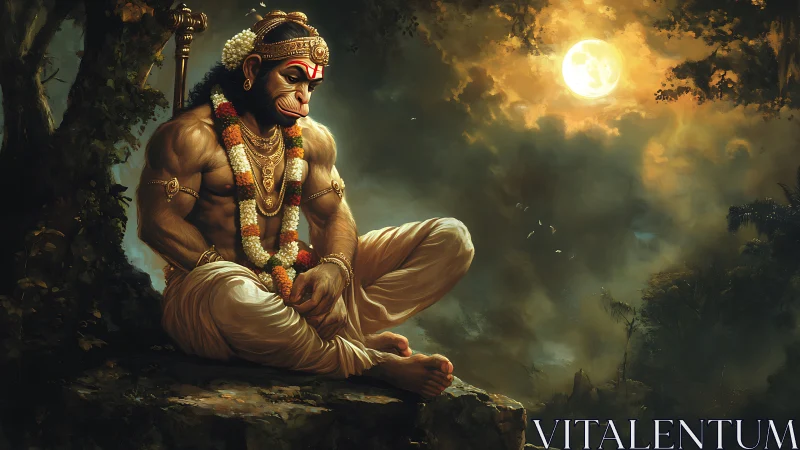 Moonlit Hanuman rests in serene strength beneath glowing sky