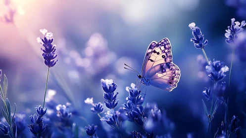 Lavender meadow butterfly in cinematic bokeh light.