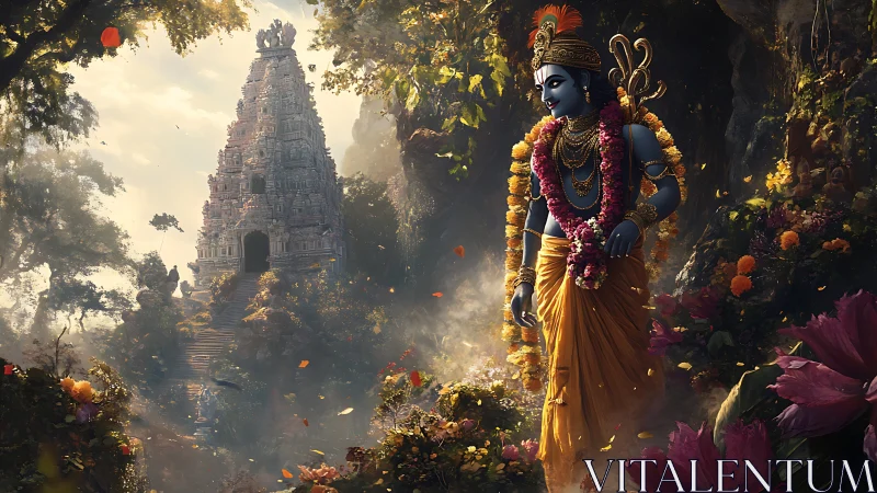 Blue-skinned robed figure near ornate temple in forest.