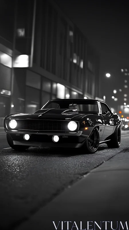 Black muscle car is parked on an empty night city street