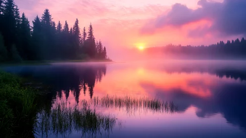 Sunset illuminates a forested lake with mirrored reflections