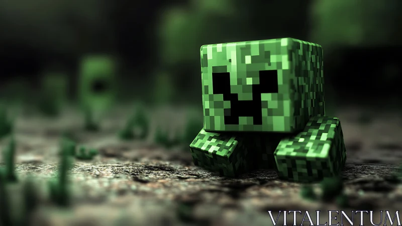 Blocky green creature model on textured outdoor ground surface.