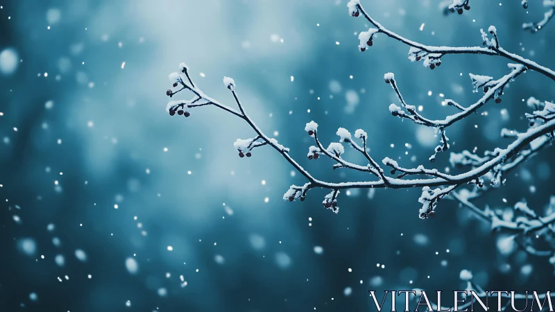 Snow-covered branch extends laterally against blurred background