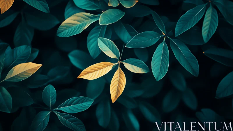 Gold and teal leaves form luminous abstract forest pattern.