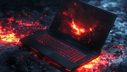 Gaming laptop on volcanic terrain with red backlit keyboard
