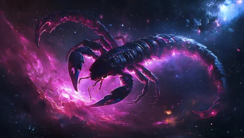 Cosmic scorpion silhouette within luminous nebula field.