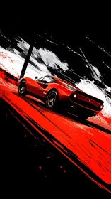 Digital painting of red sports car on dynamic abstract highway.