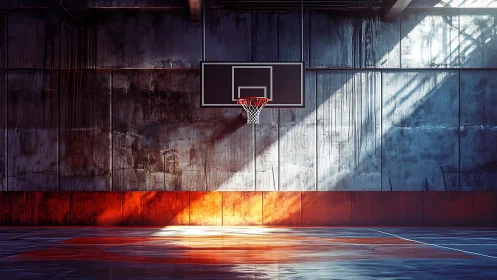 Industrial indoor basketball hoop in dramatic raking sunlight