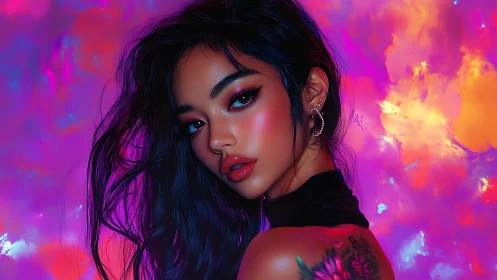 Chromatic neon portrait with iridescent skin rendering precision.