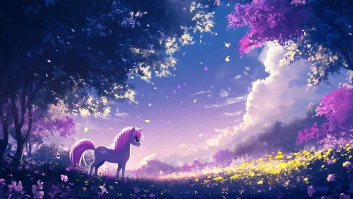 Iridescent pony illuminated in chromatic twilight meadowscape.
