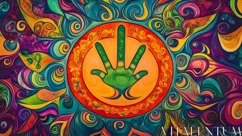 Chromatic hand mandala with swirling radial energy field.