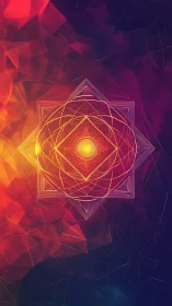 Geometric mandala core in luminous polygonal nebula field.